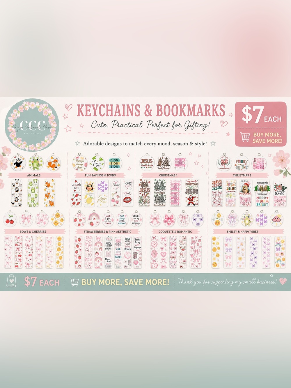 Keychains & Bookmarks Set - Pink, White, Green Accents